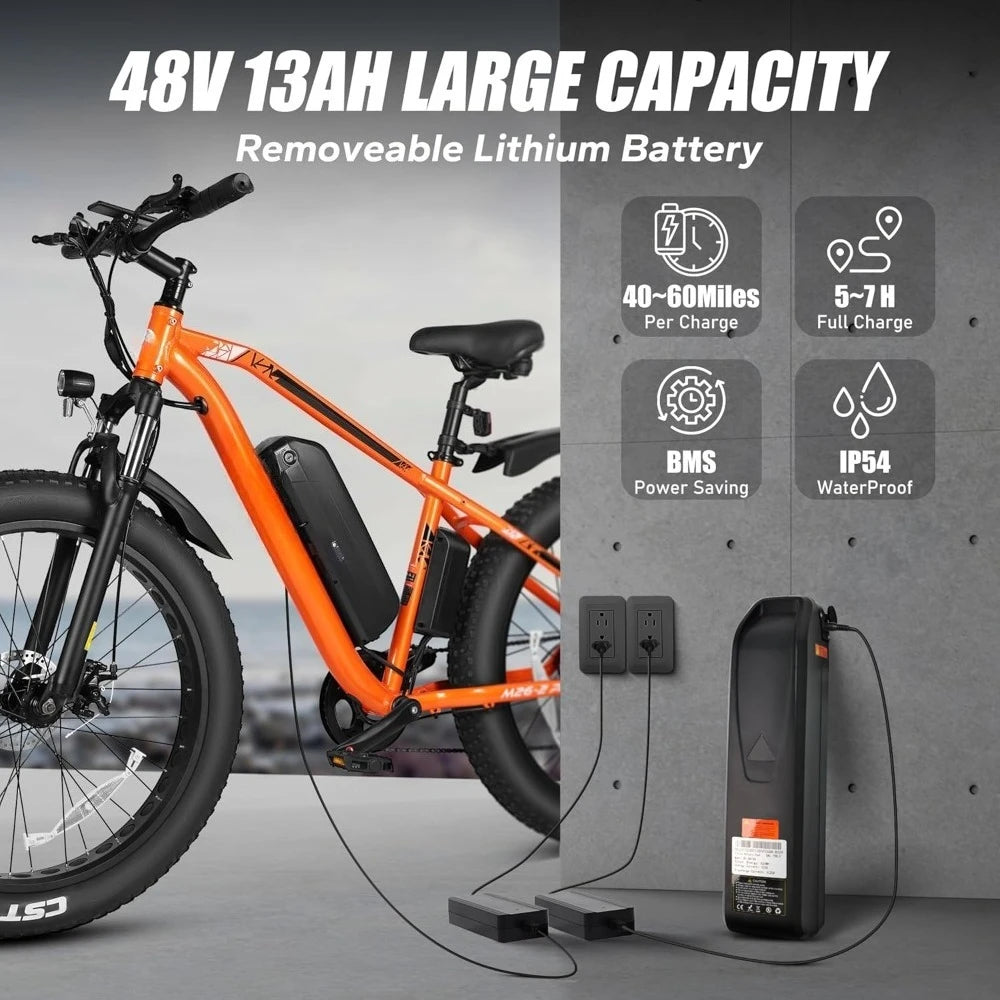Electric Bicycle,25MPH 60+ Miles with 48V 13AH Removable Battery Features 7-Speed, Lockable Suspension