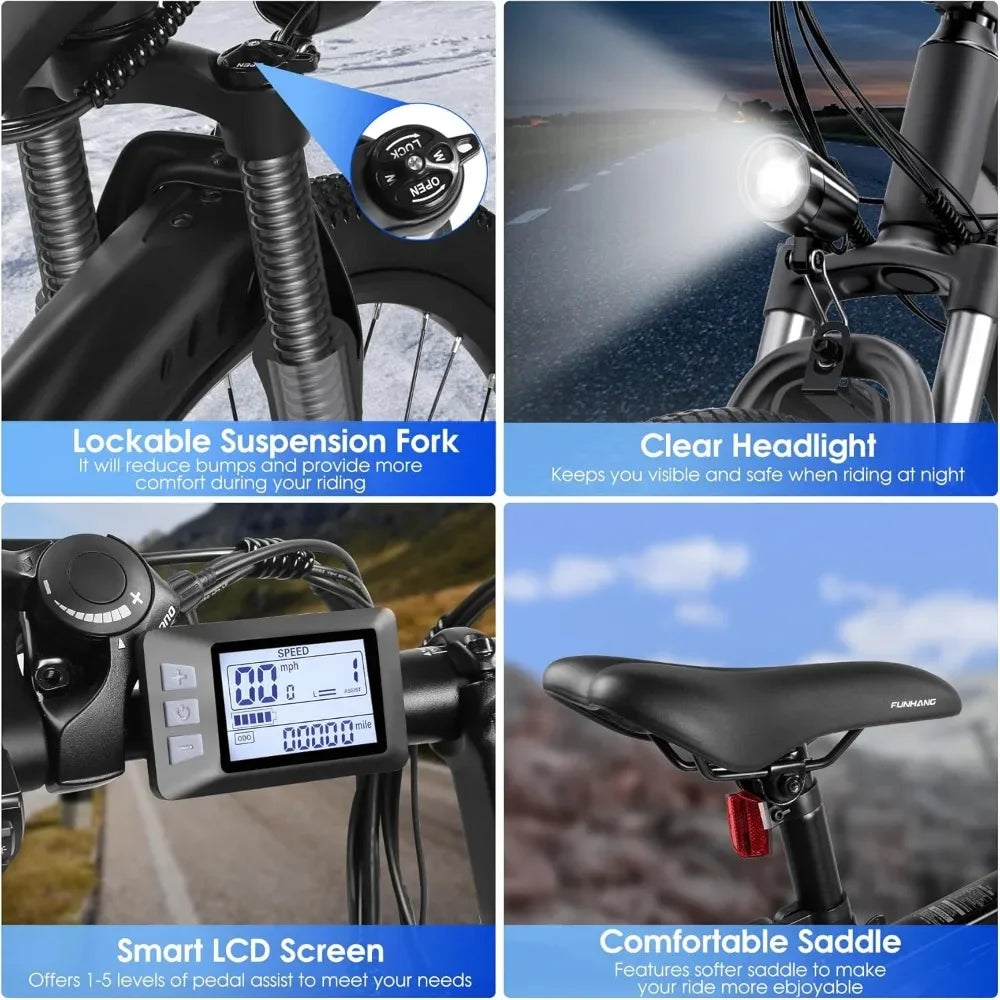 26'' 1000W Peak Ebike,Electric Bike for Adults, Up to 50 Miles 21.7MPH Electric Mountain Bike with 48V 374.4WH Removable Battery