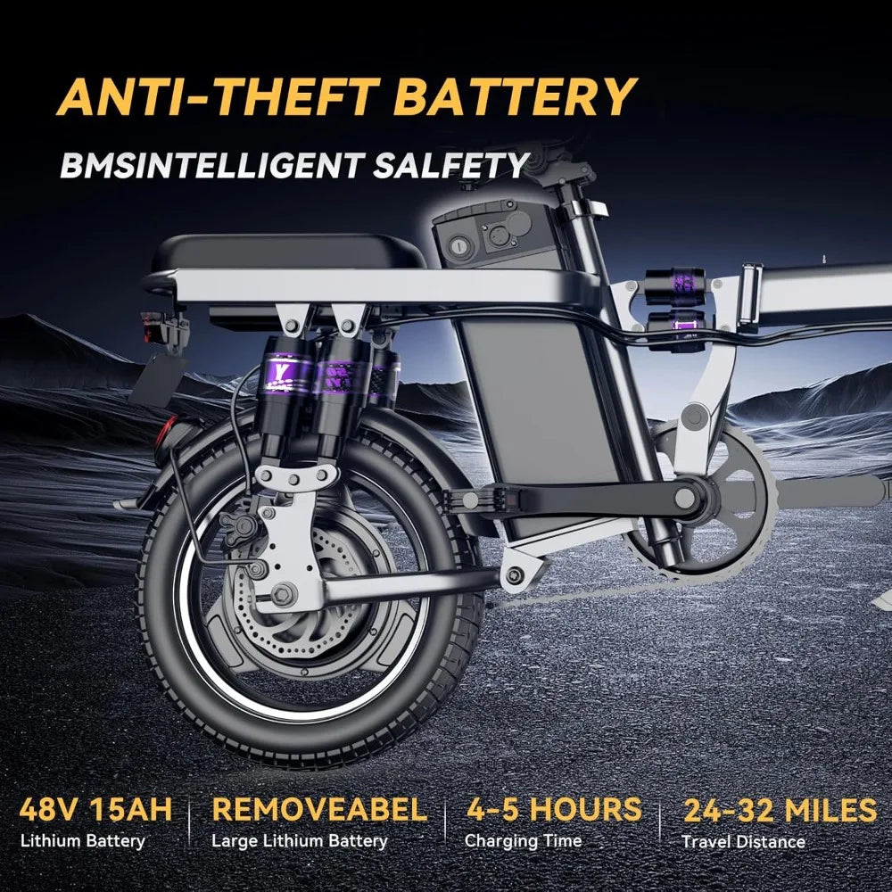 Folding Electric Bike,14” Ebikes for Adults, 500W (Peak) Motor, 22MPH Max Speed& 30 Miles Long Range, 48V 15AH Removable Battery