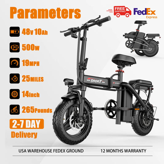 Z6 Electric Bike 500W 48V10AH,20MPH 14' Mini Ebike for City Commuter, Folding Electric Bicycle for Adult with Two Seats UL2849