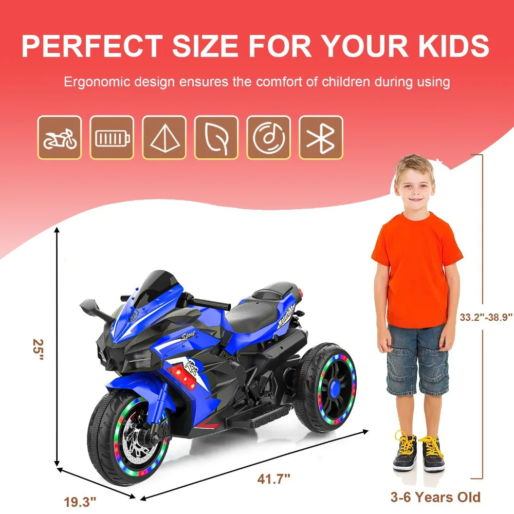 Electric Motorcycle for Kids, 12V Battery Powered Ride on Vehicles 3 Wheels Motorcycle with LED Lights, Bluetooth Music, Blue