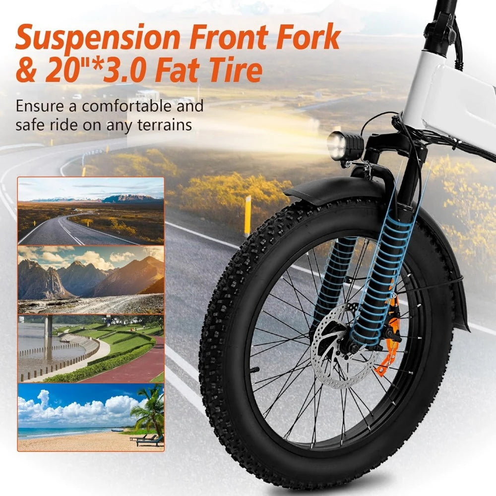 Electric Bike 20" *3.0 Folding Fat Tire Ebike with Peak 750W Brushless Motor with 48V Removable Battery 7 Speed Foldable E Bike