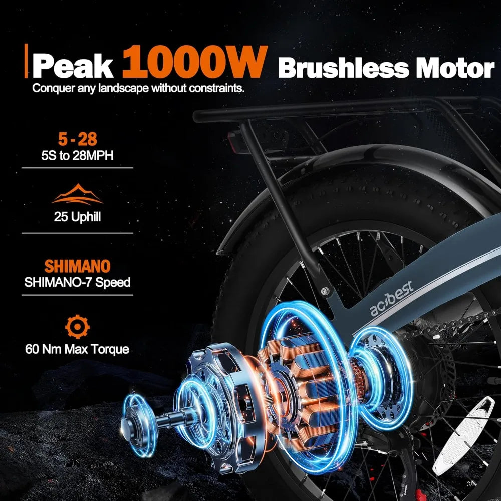 Electric Bike Peak 1000W, 55Miles 28Mph Top Speed, 20" Fat Tire Folding Electric Bicycle, 48V 10.4Ah Removable Battery Ebike