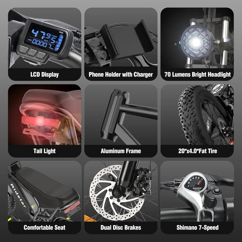 Electric Bike for Adults Q20，2000/1500W，37/30MPH,52V 40AH,48V/20AH E-Bike,30-180 Miles Electric Motorcycle，20"Fat Tire Dirt Bike