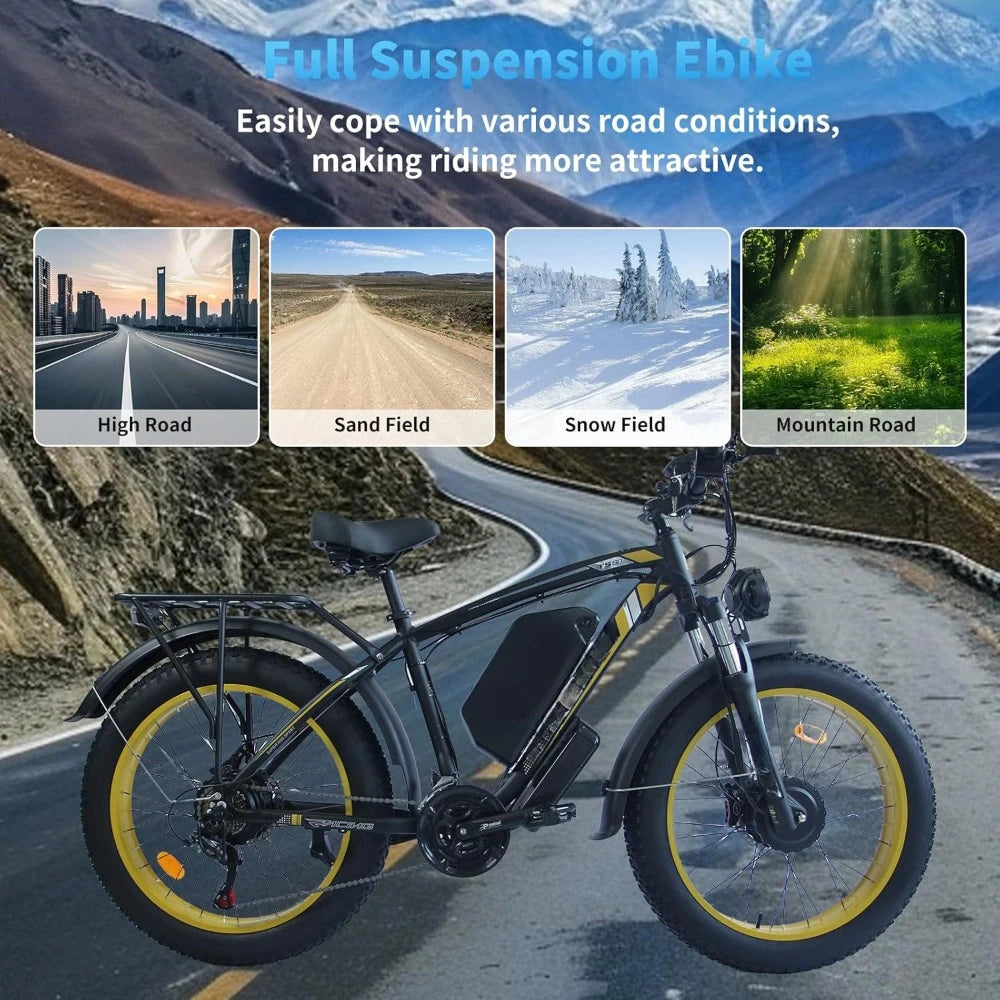 Electric Bike, 38MPH 80Miles Electric Mountain Bike, 24" Fat Tire Electric Bicycle with 60V 25AH Battery, 7 Speed, 3000W Ebike
