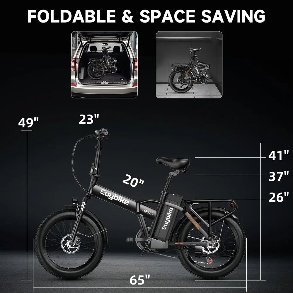 Folding Electric Bike, 48V 20AH Large Removable Battery E Bike, 30+MPH, 80 Miles Max Range, 20" Fat Tire Electric Bike