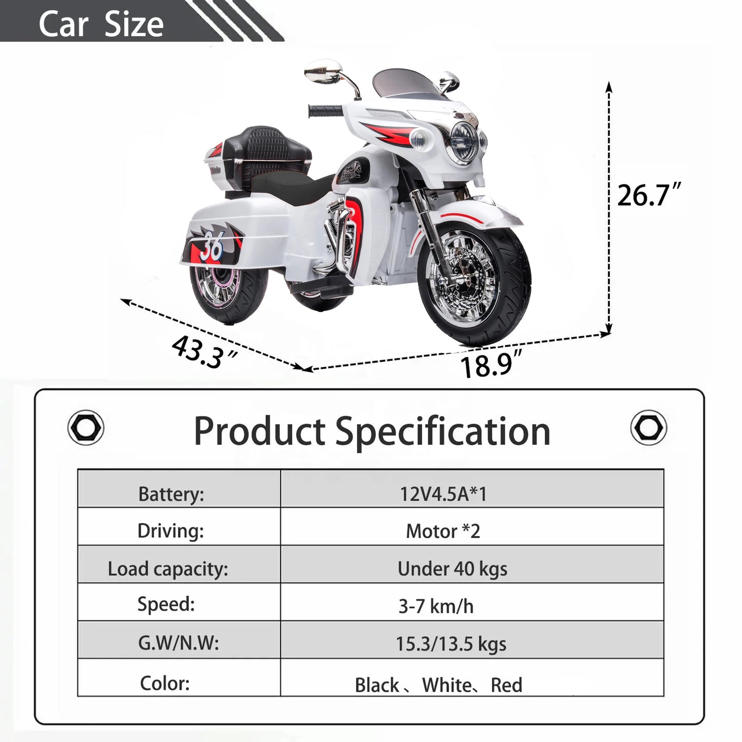 Kids Ride on motorcycle 12V Electric Motorbike for Kids with Key start /3 wheels Headlight/Storage Box/ two motor/ two seat