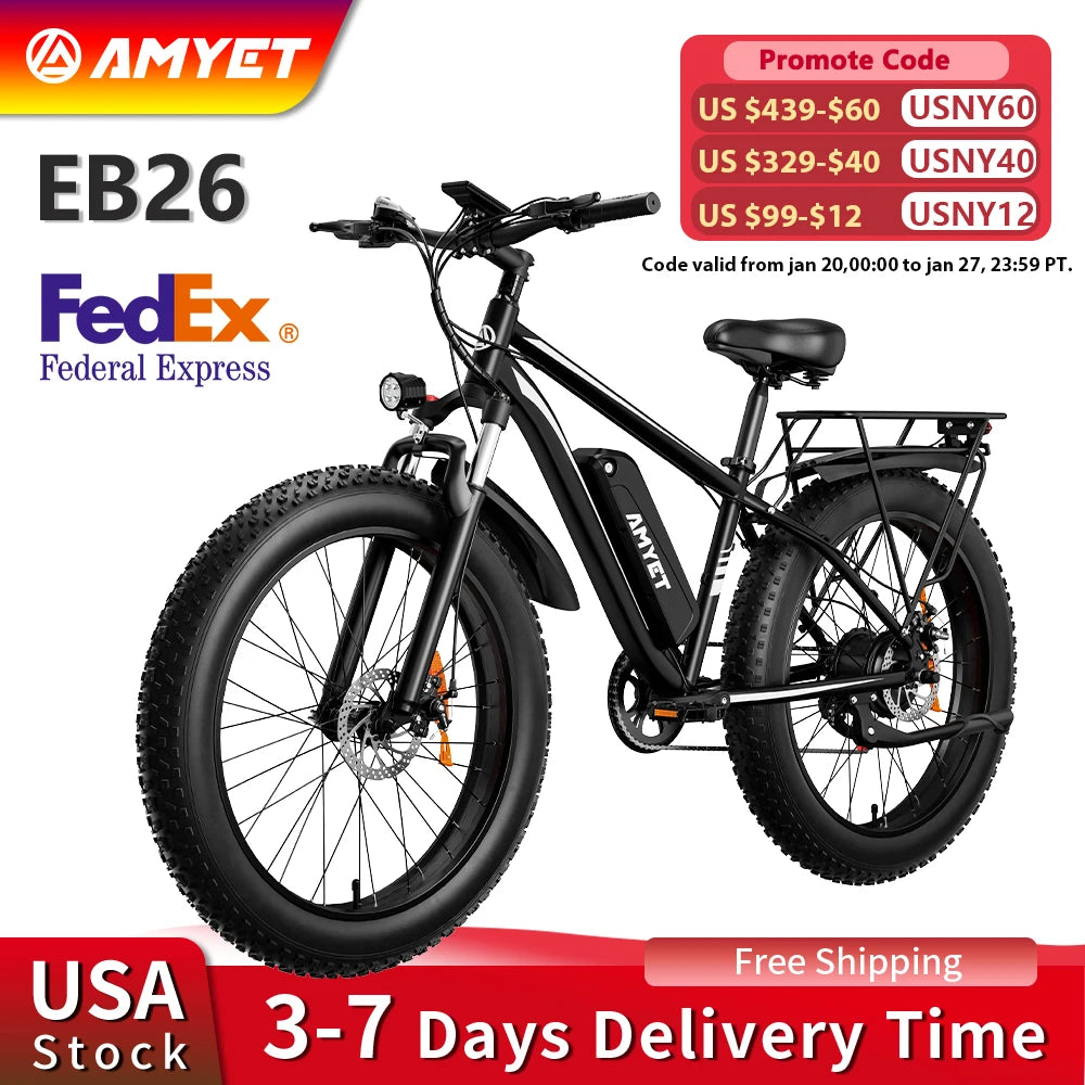 AMYET Electric Bike EB26 Adults Electric Bicycle Peak 1500W 48V 15AH e bike 26" Fat Tire Mountain Bike 31mph  Electric Dirt Bike