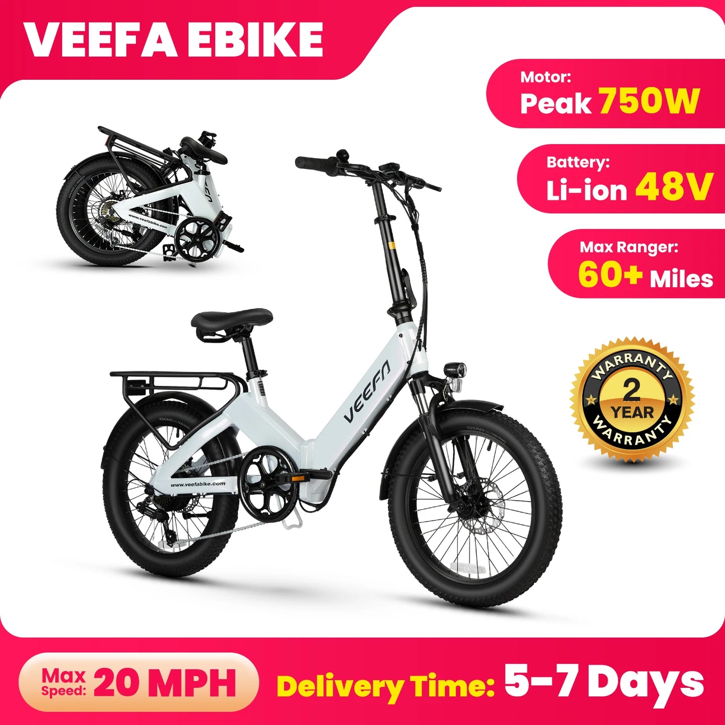 VEEFA F1 Electric Bike for Adults Peak 750W Motor E Bike 48V Removable Battery, Folding Ebike 20MPH 60+ Miles Range E-bike
