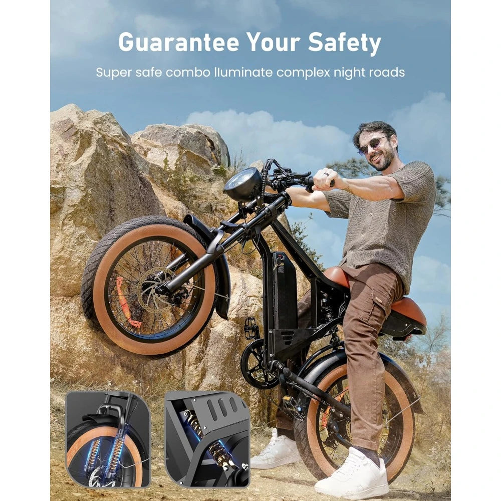 Retro Electric Bike for Adults 1000W Peak, 28MPH, Max 75 Miles, 7-Speed Ebike Full Suspension 20" Fat Tire Electric Dirt Bike
