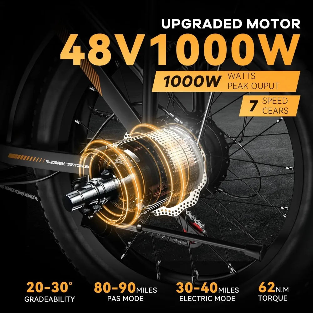 Folding Electric Bike, 48V 20AH Large Removable Battery E Bike, 30+MPH, 80 Miles Max Range, 20" Fat Tire Electric Bike