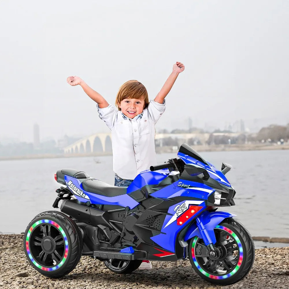 Electric Motorcycle for Kids, 12V Battery Powered Ride on Vehicles 3 Wheels Motorcycle with LED Lights, Bluetooth Music, Blue