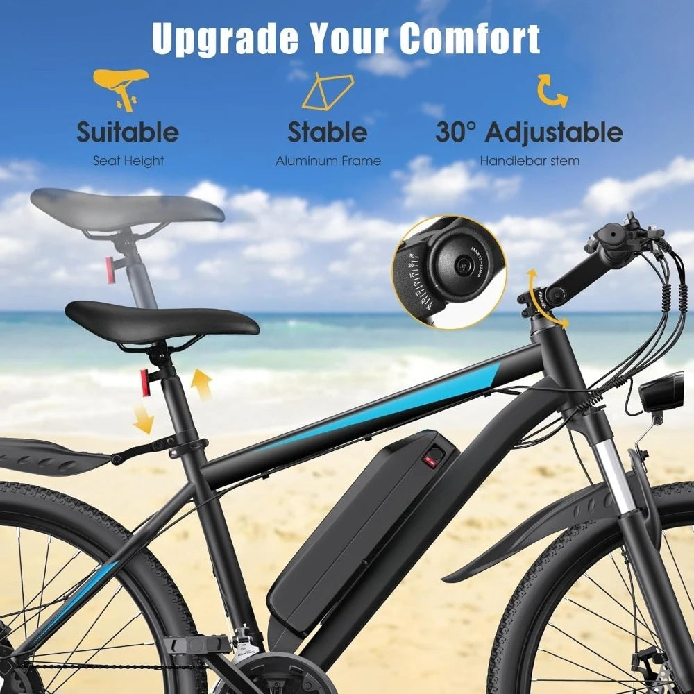Electric Bike,50Miles 21.7MPH,48V 374.4WH Battery, Commuter E Bike with Adjustable Stem, Fenders, 21 Speed