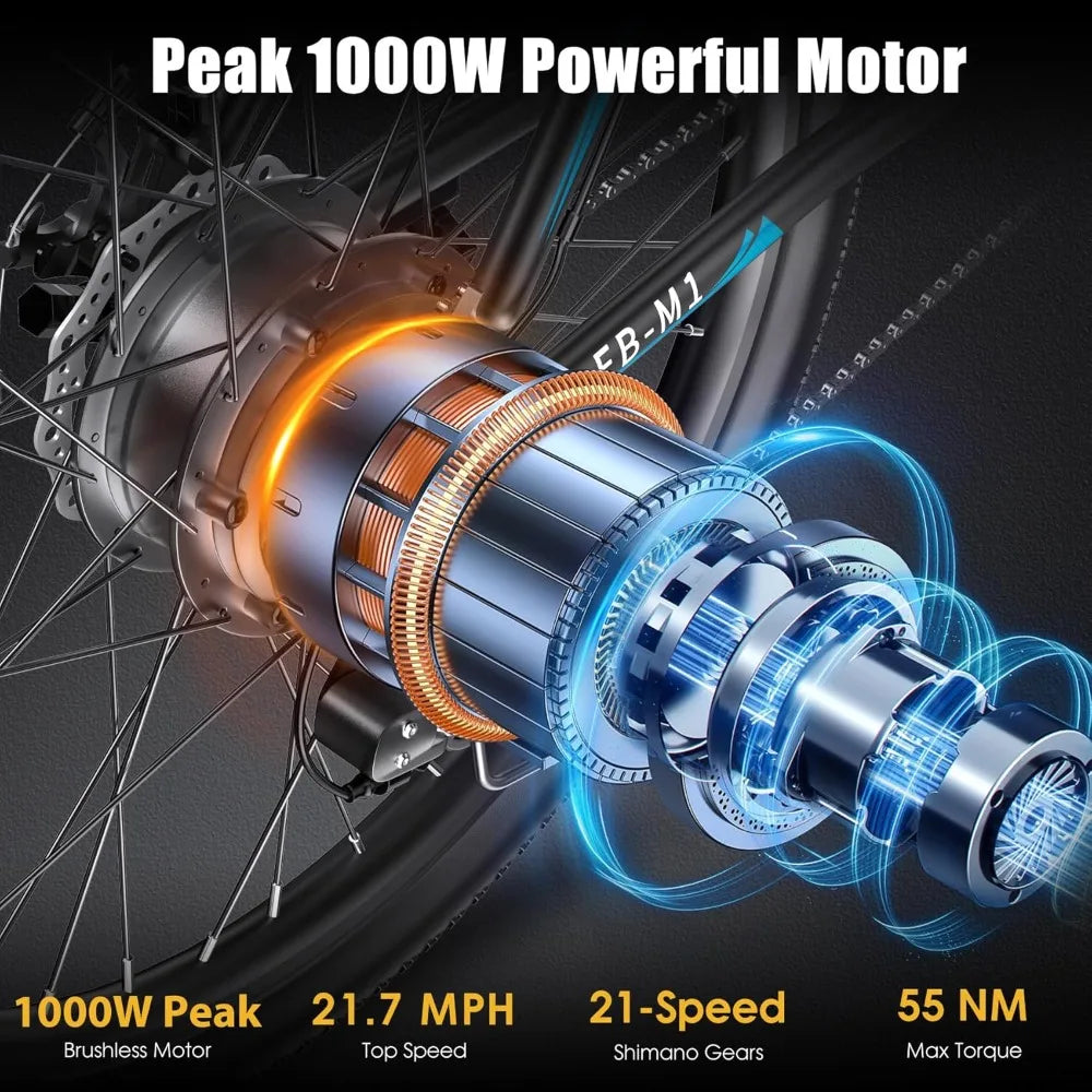 Electric Bike,50Miles 21.7MPH,48V 374.4WH Battery, Commuter E Bike with Adjustable Stem, Fenders, 21 Speed