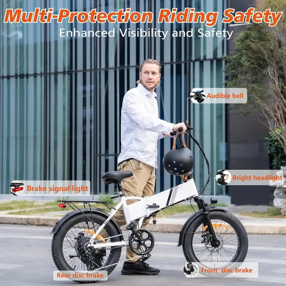 Electric Bike 20" *3.0 Folding Fat Tire Ebike with Peak 750W Brushless Motor with 48V Removable Battery 7 Speed Foldable E Bike