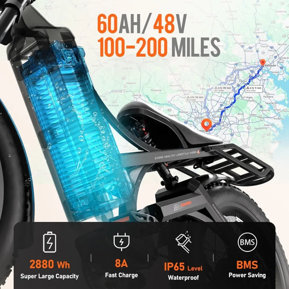 3000W/ Peak 1600W 60A Electric Bike, 26" Fat Tire Electric Mountain Bike Full Suspension Long Range 100-200 Miles EBikes