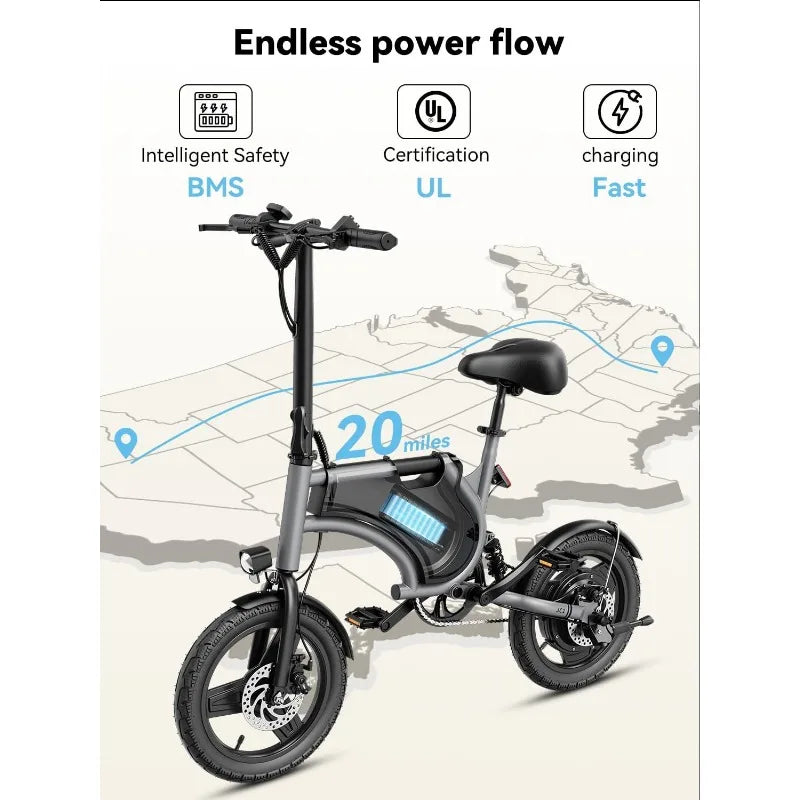 Jasion Electric Bike for Adults & Teens with 600W Peak Motor, 20mph, 20 Miles Range, 14'' Folding E-Bike with Rear Suspension