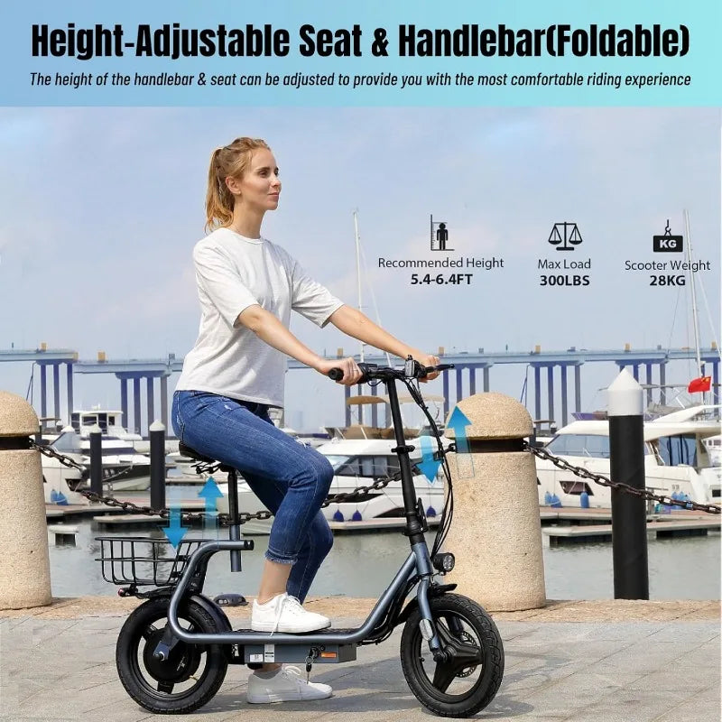 Adult electric scooter 14 inch tire, adjustable electric scooter with seat and basket, electric bike for adults and teenagers