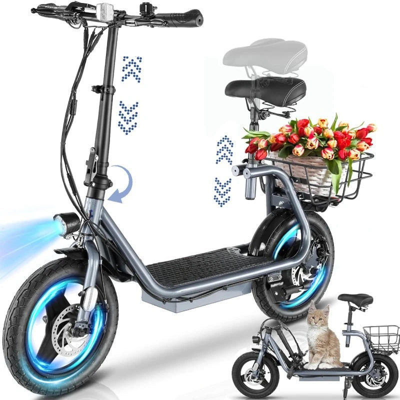 Adult electric scooter 14 inch tire, adjustable electric scooter with seat and basket, electric bike for adults and teenagers