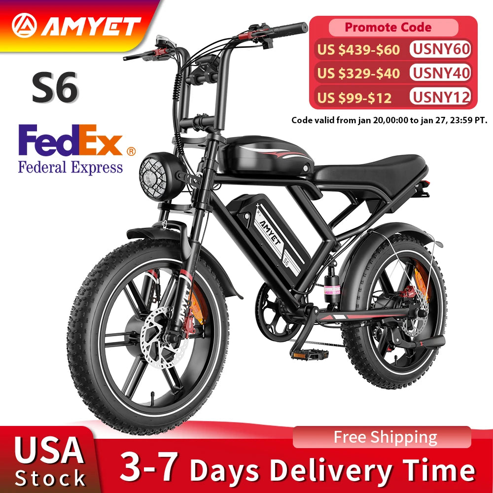 AMYET S6 Electric Bike for Adults Dual Moter Peak 3000W,52V 50AH Removable Dual Battery,140 Miles,32MPH Electric Motorcycle Bike