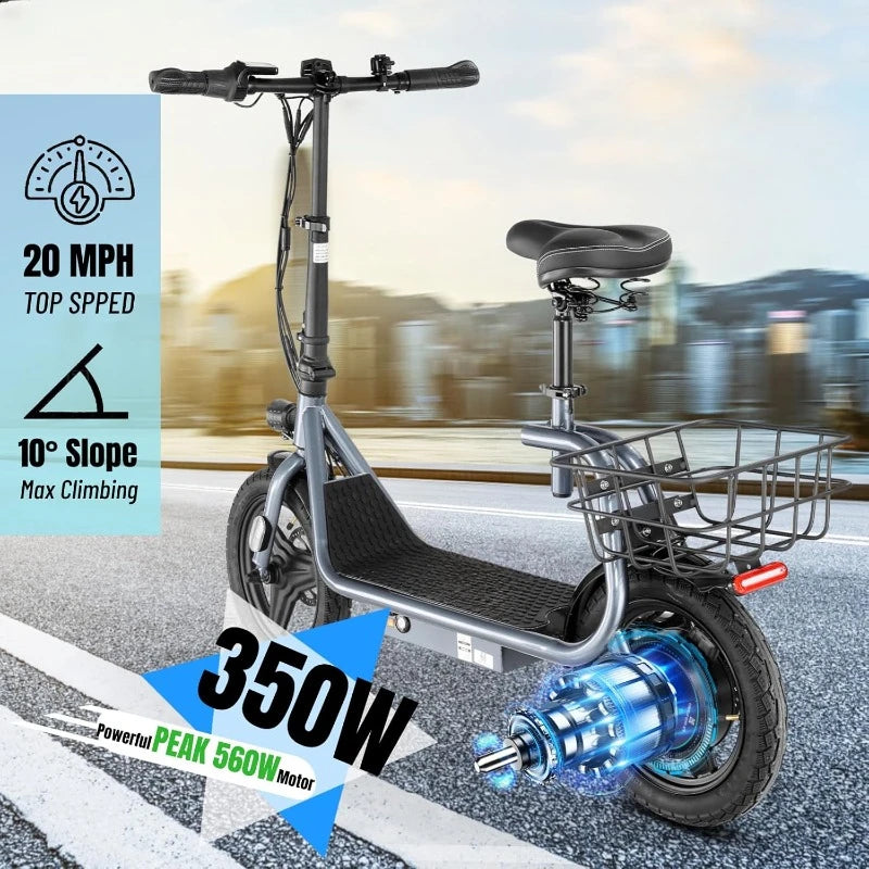 Adult electric scooter 14 inch tire, adjustable electric scooter with seat and basket, electric bike for adults and teenagers