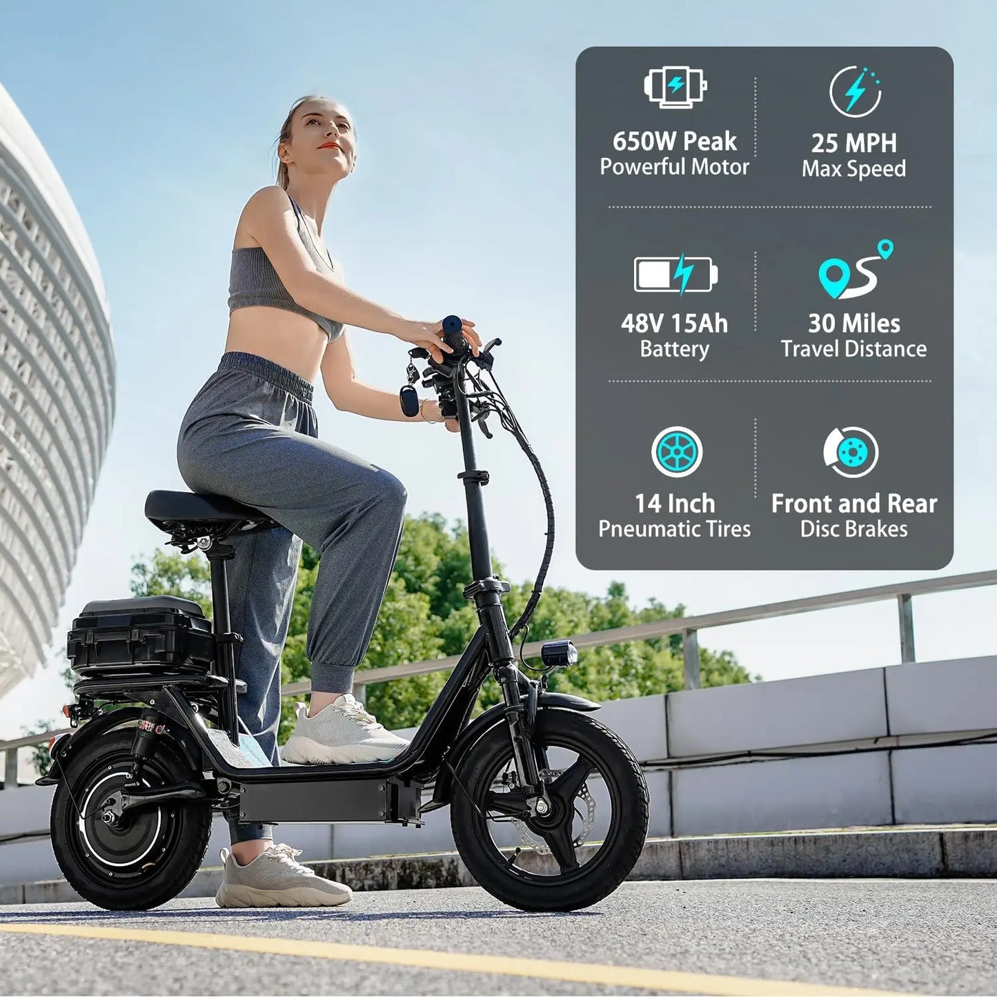Folding electric scooter with trunk, 500W motor (peak 650W), 48V15AH, 20MPH, 30 mile long range, suitable for commuting travel