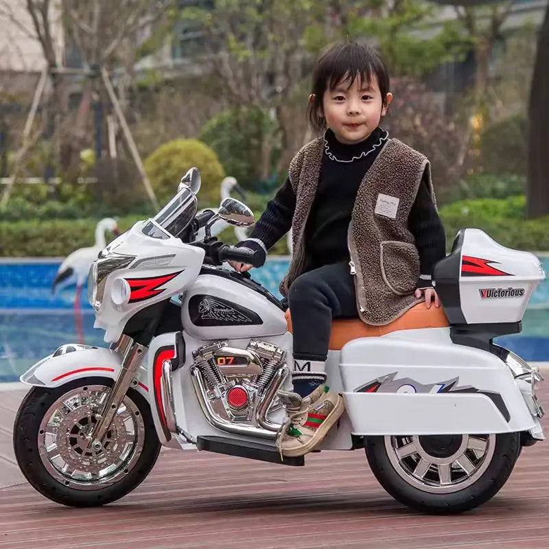 Kids Ride on motorcycle 12V Electric Motorbike for Kids with Key start /3 wheels Headlight/Storage Box/ two motor/ two seat