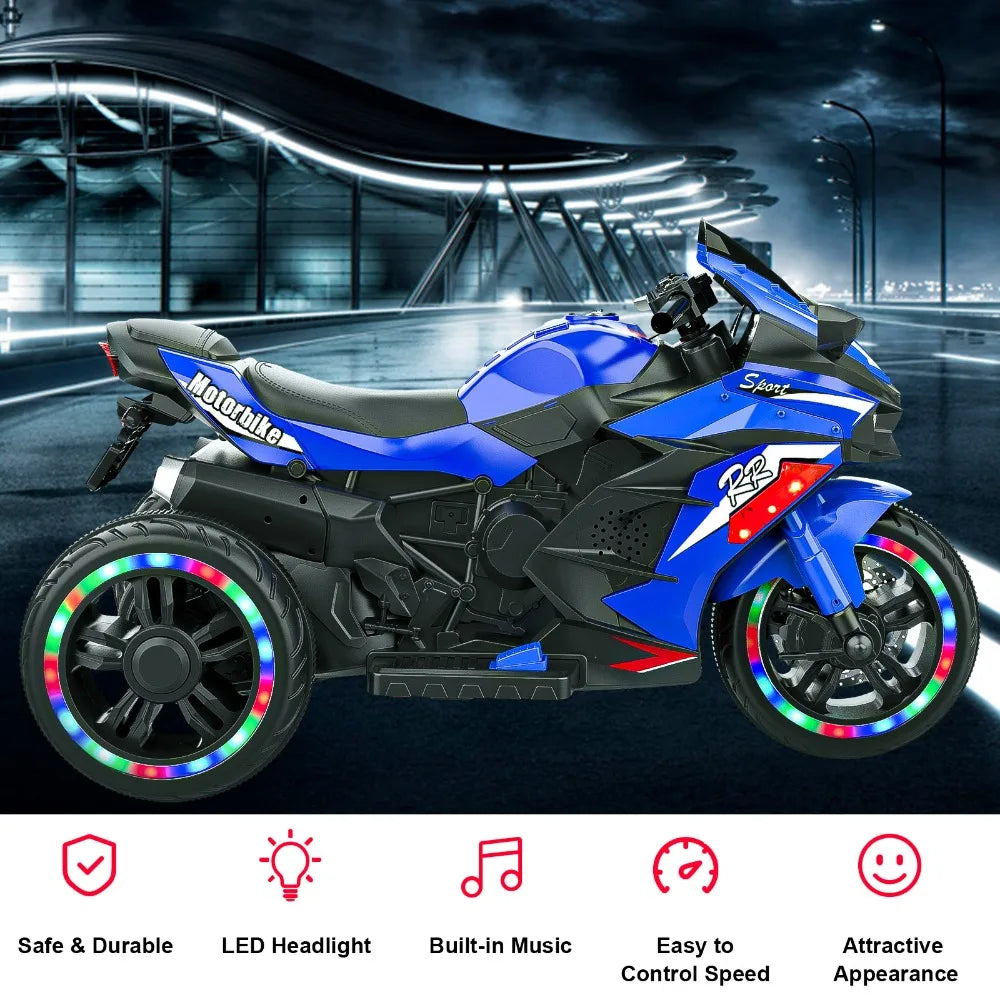 Electric Motorcycle for Kids, 12V Battery Powered Ride on Vehicles 3 Wheels Motorcycle with LED Lights, Bluetooth Music, Blue