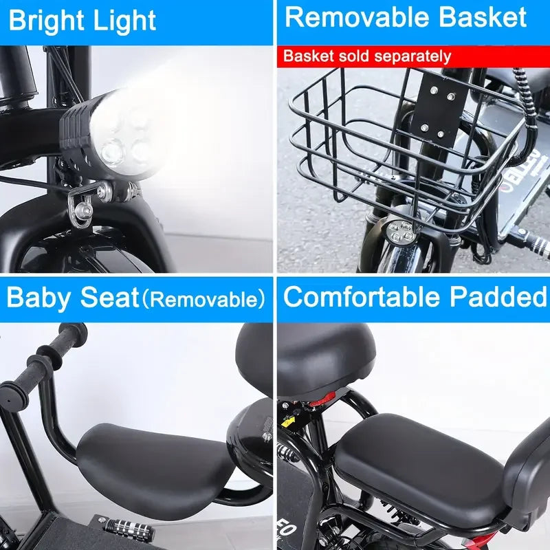 Electric Bike With Seats For Adults Power 500W Motor, E Bike With 14" Pneumatic Tire And 20 Miles Range&17.5Mph Electric Bicycle