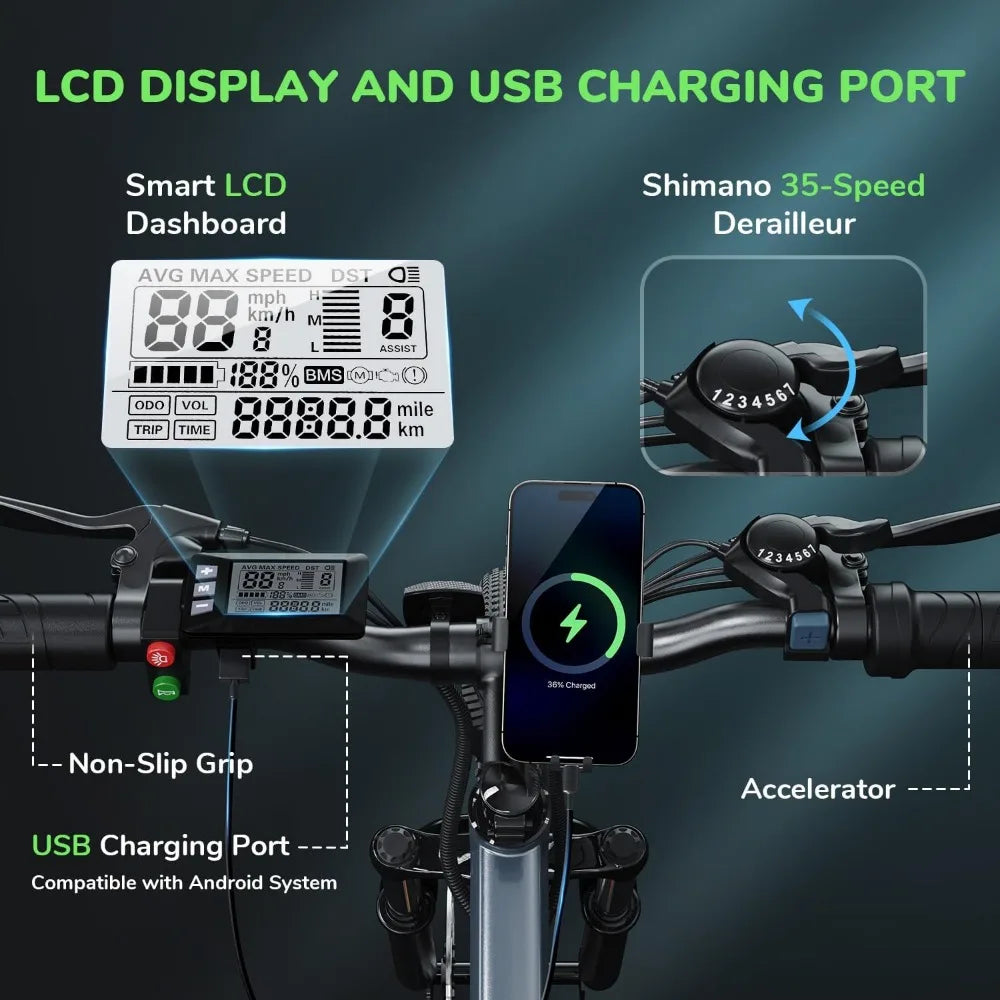 26 inch commuting electric mountain bike 20MPH with a maximum range of 55+miles, detachable battery, professional 35 speed, 500W